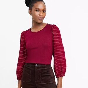 LOFT Shimmer Tie Back Mixed Media Top Burgundy Striped Long Sleeve Blouse Large